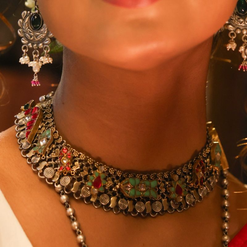 Festive Vibrancy Oxidized Silver Choker Necklace